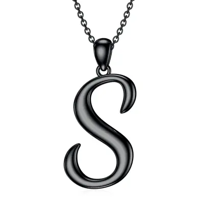 Sterling Silver with Black Rhodium Color Pendant Necklace with Initial Letter S