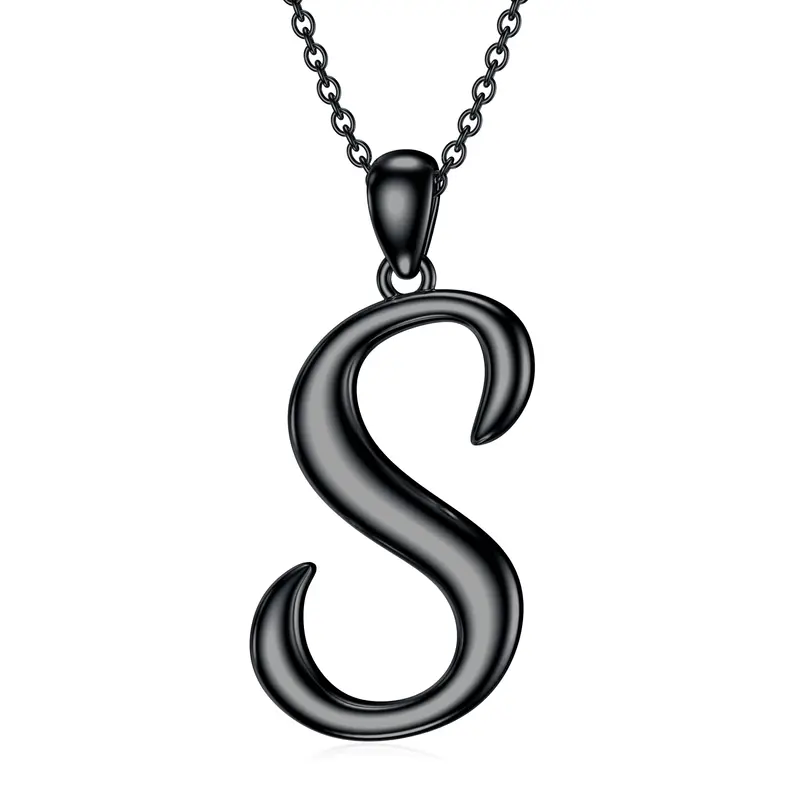 Sterling Silver with Black Rhodium Color Pendant Necklace with Initial Letter S