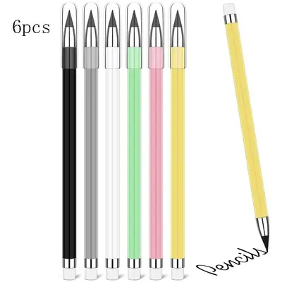 Inkless Pencil with Eraser, 6 Counts Continuous Core Eternal Pencil, Infinity Pencil, Students Writing Stationery for Home Sc...