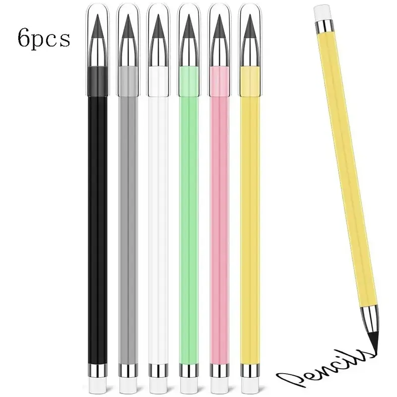 Inkless Pencil with Eraser, 6 Counts Continuous Core Eternal Pencil, Infinity Pencil, Students Writing Stationery for Home Sc...