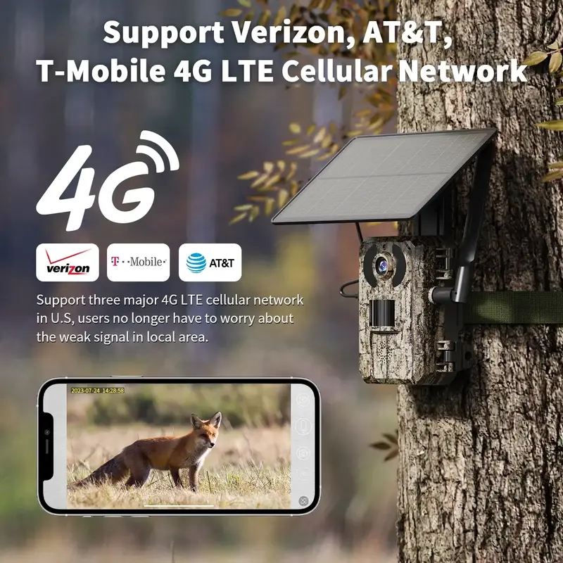 Solar Powered Wireless 4G LTE Trail Camera- 2K Live Video,WiFi Not Supported, Remote APP Controlled, WaterProof, Motion Activ...