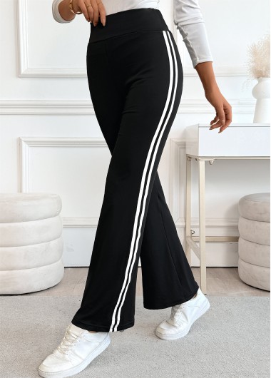 Modlily Black Striped Straight Leg Elastic Waist High Waisted Pants - M