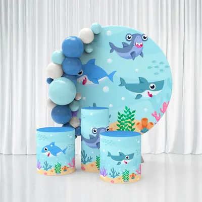 Aperturee Blue Sea Cartoon Shark Happy Birthday Backdrop Kit | Custom Round Birthday Backdrop | Birthday Round Backdrop Cover...