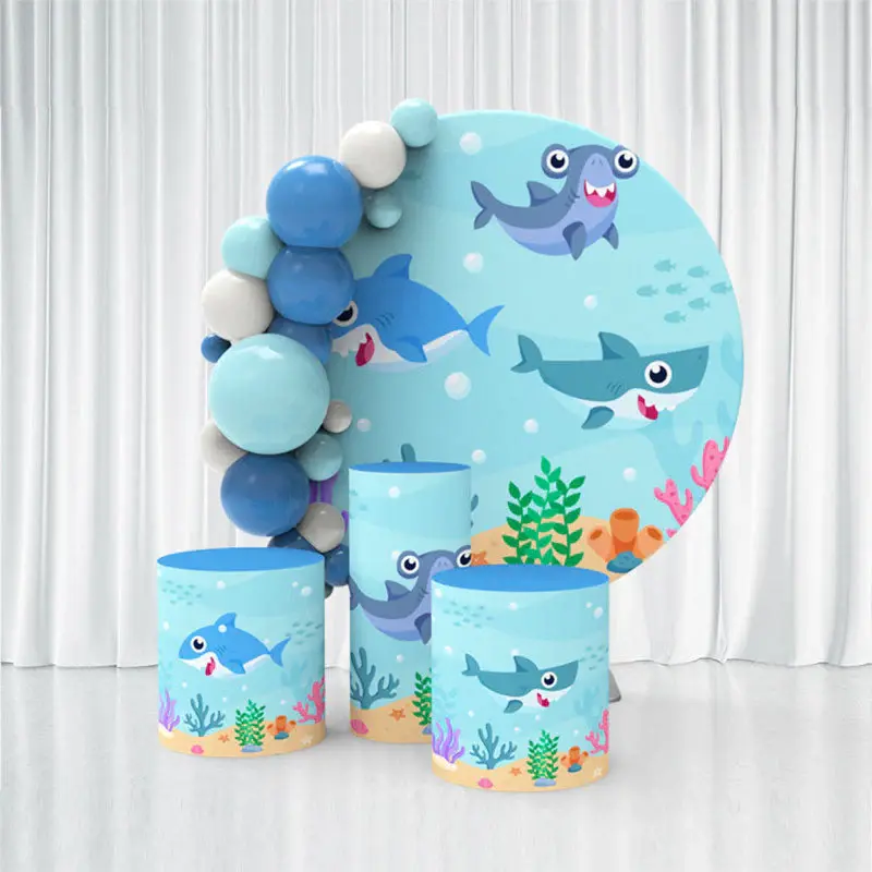 Aperturee Blue Sea Cartoon Shark Happy Birthday Backdrop Kit | Custom Round Birthday Backdrop | Birthday Round Backdrop Cover...