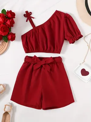 Two-Piece Set Girl's Plain Asymmetrical Neck Flounce Sleeve Crop Blouse & Belted Shorts Set, Casual Fashion Short Sleeve Bow ...