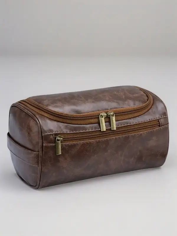 Men's Secure Fastening Toiletries Travel Toiletry Bag, Waterproof PU Leather Compact Bag, Travel Accessories, Durable and Sty...
