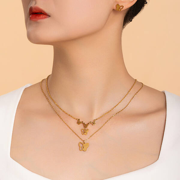 Elegant Butterfly Stainless Steel Double Layer Necklace & Stud Earring Set for Women's Fashion Jewelry