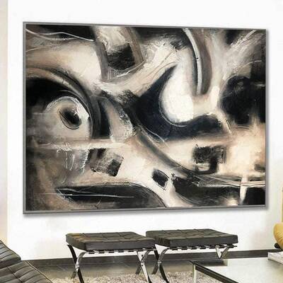 Oversized Wall Art Black and White Art Paintings on Canvas Minimalist Abstract Decor Art Gray Tones Artwork | PROJECTED