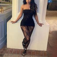 Echoine Women's Semi-Sheer Mesh Top Dress Leggings Set 2 Piece Outfits Off Shoulder Tube Lace Mini Dress Pants Dinner Night O...