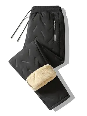 Men's Letter Print Drawstring Thermal Lined Pants, Casual Regular Fit Straight Leg Trousers, Men's Bottoms For Outdoor Wear