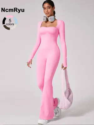 Women's patchwork high elastic square collar non-slip thumb buckle long-sleeved jumpsuit yoga suit hip-lifting wide-leg pants...