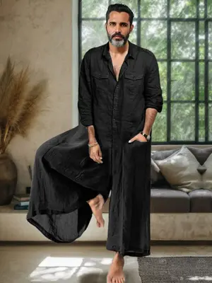 Casual Loose Linen Blend Jumpsuit, Black / XXL