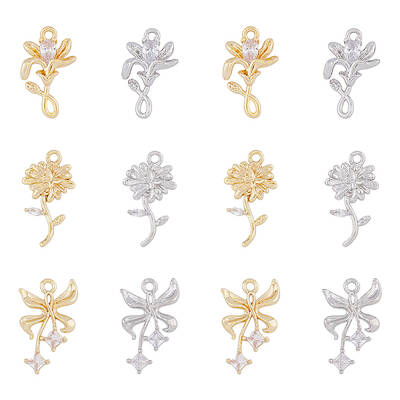 12Pcs 6 Styles Brass Micro Pave Cubic Zirconia Pendants