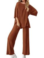 BTFBM Women's 2-Piece Outfits Casual Loose Slit Short Sleeve Top Wide Leg Pants Matching Lounge Sets Tracksuit With Pockets