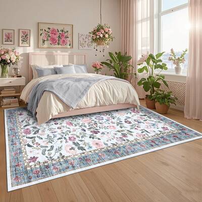 Garvee Vintage Floral Area Rug 9x12 Light Blue - Soft Low Pile, Non-Slip Backing, Polyester & Faux Wool, Machine Washable, Fo...