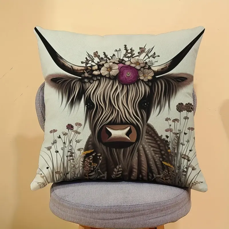 Long-haired Cow & Flower Pattern Cushion Cover without Filler, Lovely Soft Square Throw Pillow Cover, Household Decoration Su...