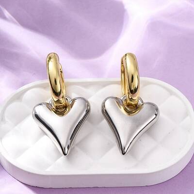 Two Tone Heart Brass Hoop Earrings