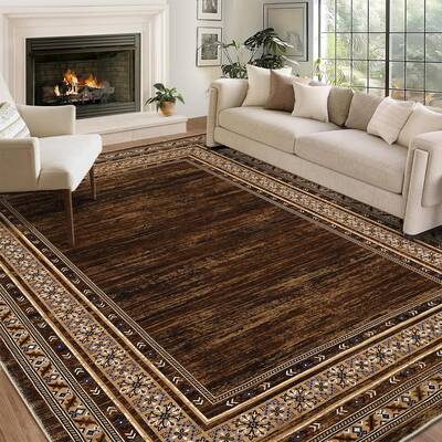 Garvee Bordered Red-Brown 5x7 Vintage Washable Rug, Non Slip Stain Resistant Low Pile Carpet for Living Room, Bedroom & Dinin...