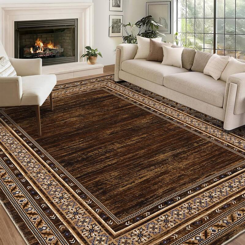 Garvee Bordered Red-Brown 5x7 Vintage Washable Rug, Non Slip Stain Resistant Low Pile Carpet for Living Room, Bedroom & Dinin...