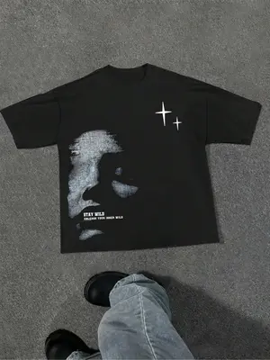 Men's Letter & Figure & Stars Print Drop Shoulder Tee, Regular Fit Street Fashion Casual Soft Comfy Short Sleeve Round Neck ...