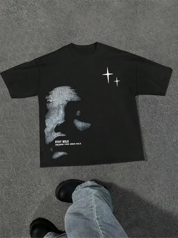 Men's Letter & Figure & Stars Print Drop Shoulder Tee, Regular Fit Street Fashion Casual Soft Comfy Short Sleeve Round Neck ...