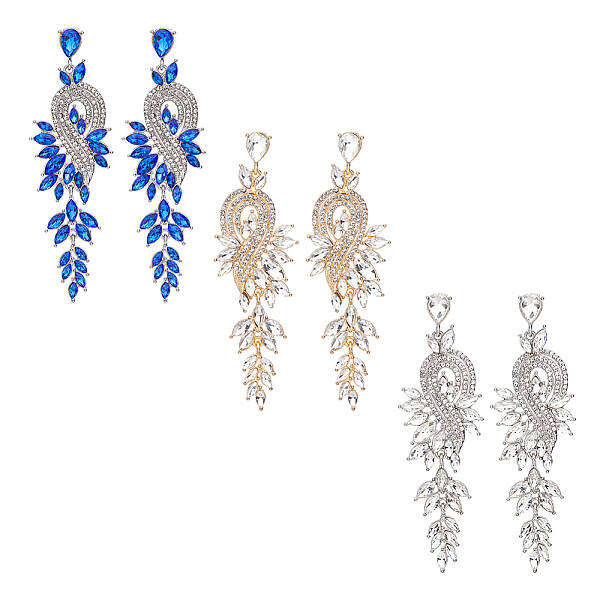 3 Pairs 3 Colors Sparkling Rhinestone Leafy Branch Dangle Stud Earrings