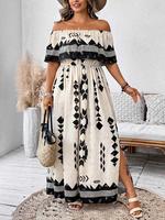 【Plus Size】 Paisley Print V Neck Dress, Boho Casual Half Sleeve Long Dress for Beach Holiday Vacation, Women's Clothes fo...