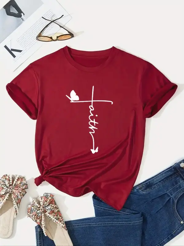 Women's Butterfly & Letter Print Crewneck Tee, Regular Fit Casual Short Sleeve Crew Neck T-shirt, Graphic Tees, Ladies Summer...