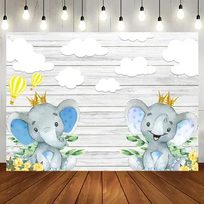 Grey Wooden Wall Elephant Clouds Baby Shower Backdrop - Aperturee
