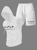 Two-Piece Set Men's Letter Print Hooded Tank Top & Drawstring Waist Shorts, Regular Fit Sleeveless Top & Track Shorts, Casual...