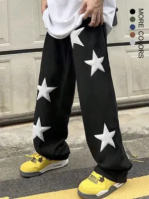 Unisex Men's Star Embroidered Drawstring Waist Pants, Loose Street Pocket Elastic Waist Straight Leg Trousers, Men's Bottoms ...