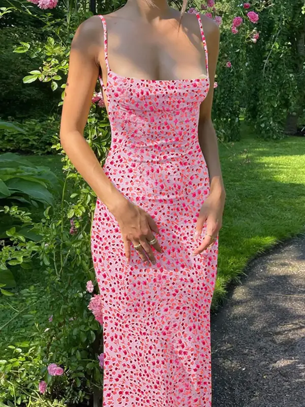 Women's Ditsy Floral Print Backless Cami Dress, Summer Clothes Women, Boho Fashion Maxi Dress for Summer Holiday Vacation Par...