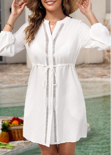 Modlily Patchwork Drawstring Pocket White Cover Up - M