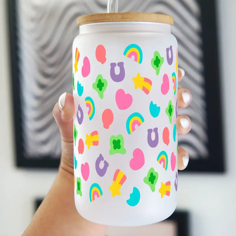 Sip-Sip Hooray! 16oz St. Patrick’s Day Glass Cup – Shamrock Iced Coffee Tumbler with Lid & Straw, Irish Drinkware, Reusab...