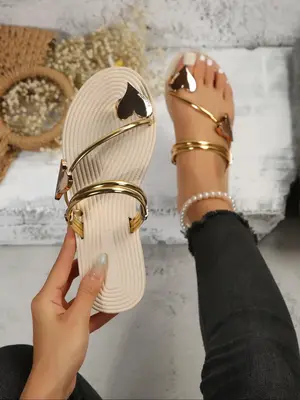 Women's Fashionable Heart Decor Toe Loop Sandals, New Trend Slip on Flat Sandals for Summer, Casual Vacation Beach Sandals ...