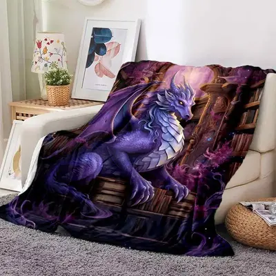 Magic Dragon Pattern Blanket, 1 Count Soft Warming Bedding Blanket, Lightweight Flannel Throw For Sofa, Bed, Living Room, Off...