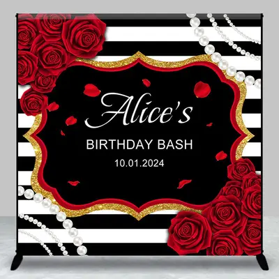 Custom Red Rose Pearl Stripe Birthday Bash Backdrop - Aperturee