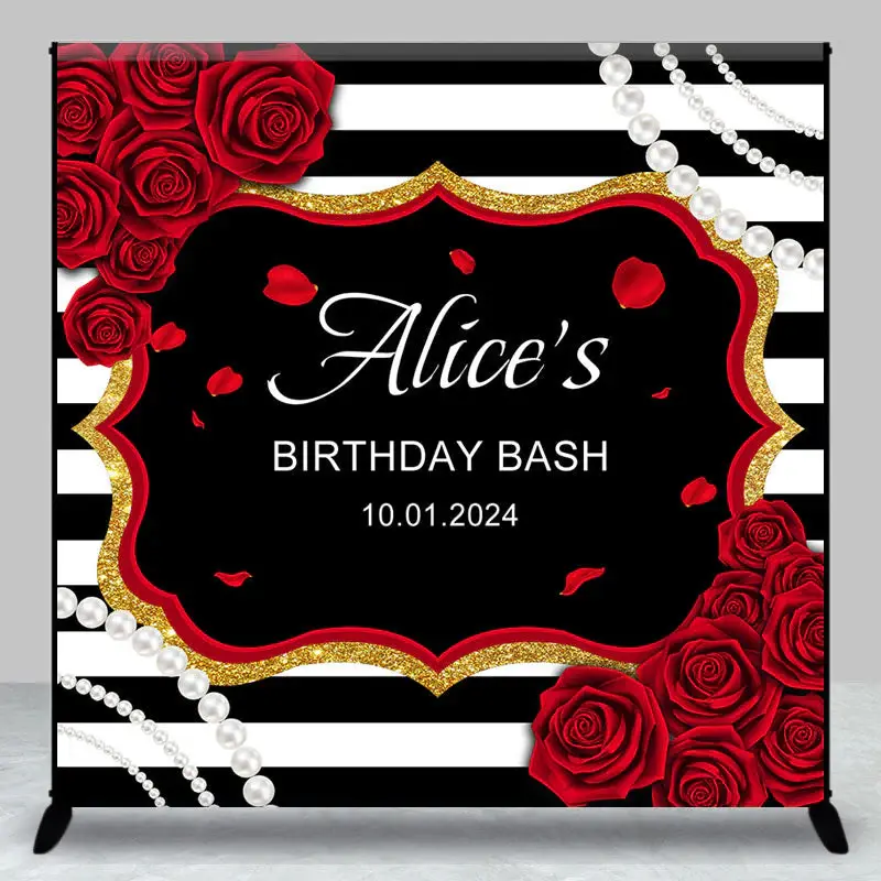 Custom Red Rose Pearl Stripe Birthday Bash Backdrop - Aperturee