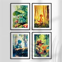 Japanese Anime Style Kanto Starters Anime Alt Art Unframed Poster Wall Decor, Anime Poster Gallery Wall, Cartoon Kawaii Poste...