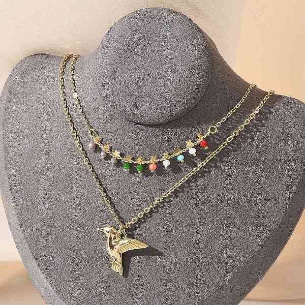304 Stainless Steel & Colorful Glass Beads Double Layer Necklaces