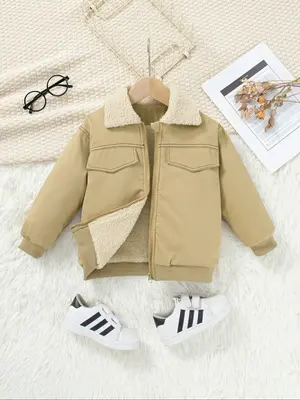 Kids' Faux Fur Collar Jacket, Colorblock Design, Thickened Lining, Windproof Warmth, Suitable for Ages 2-8, Fall Winter
