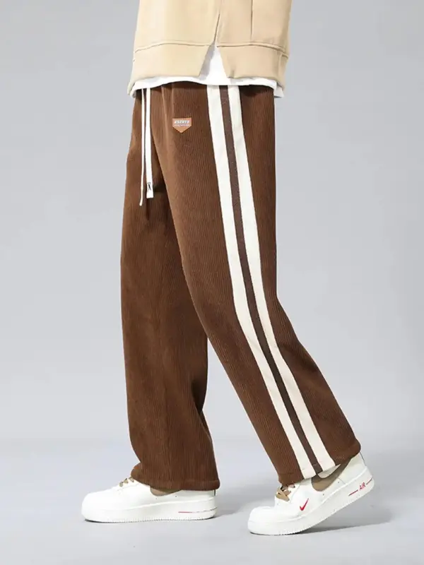 Men's Striped Print Patched Corduroy Pants, Menswear Stylish Loose Drawstring Pocket Straight Leg Trousers, Men Bottoms fo...