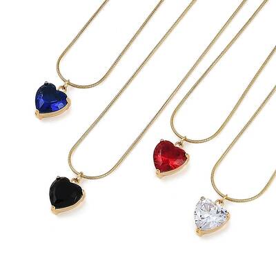 PVD Vacuum Plating 304 Stainless Steel Cubic Zirconia Heart Pendant Round Snake Chain Necklaces for Women