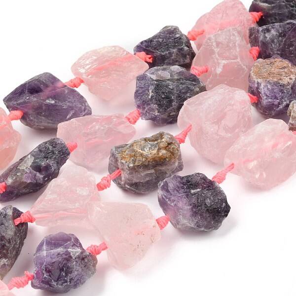 Rough Raw Natural Amethyst and Rose Quartz Beads Strands