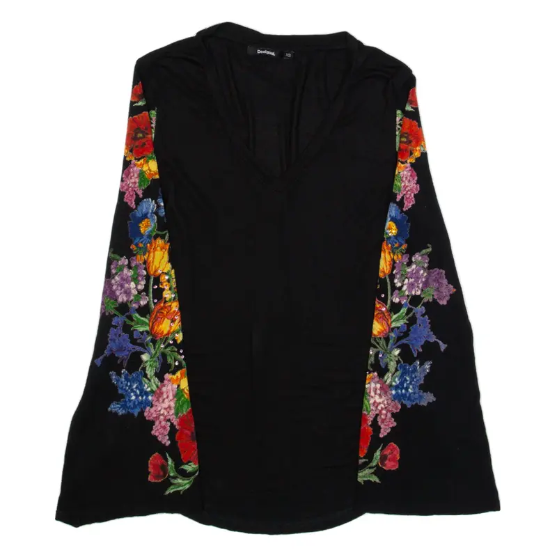 DESIGUAL Flare Sleeves Womens Top Black V-Neck Long Sleeve XS