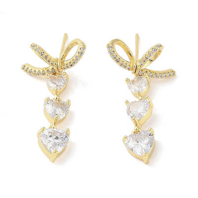 Triple Heart Brass Micro Pave Clear Cubic Zirconia Dangle Earrings with Glass for Women