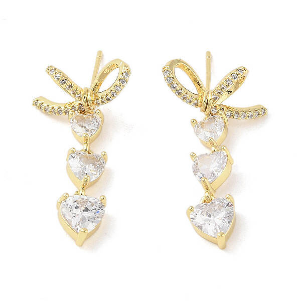 Triple Heart Brass Micro Pave Clear Cubic Zirconia Dangle Earrings with Glass for Women