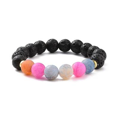 Natural Weathered Agate(Dyed) & Lava Rock Round Beaded Stretch Bracelet