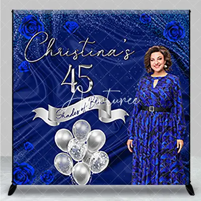 Aperturee Elegant Blue Rose Custom Name 45th Birthday Backdrop, 3X3FT(1X1M), 15 USD, custom birthday backdrops, DZYM0Z30-O