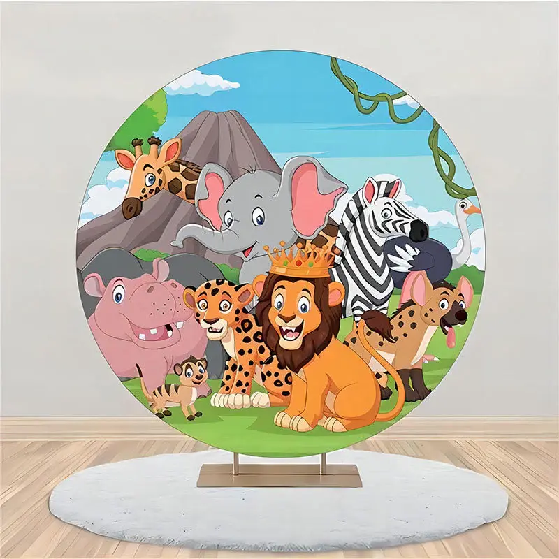 Forest Mountain Animlas Round Backdrop For Birthday - Aperturee